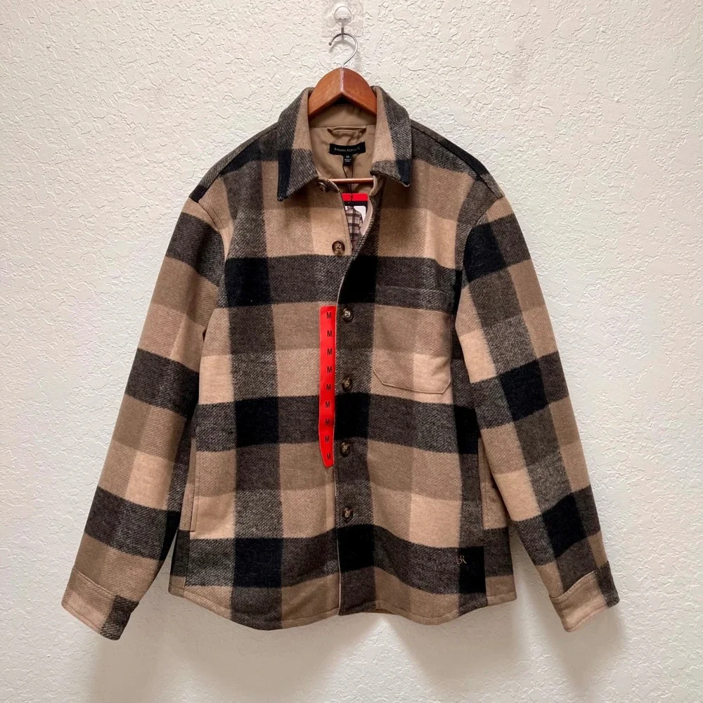 Banana Republic Mens Buffalo Plaid Shirt Jacket Tan Black Shacket Size M NEW